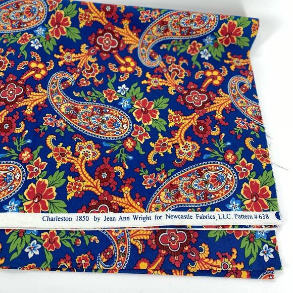 VTG Pasley Fabric Cotton 1 yard Blue And Multicolor - Picture 5 of 6